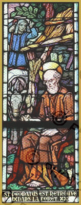 Den hellige Deodatus, glassmaleri fra 1800-tallet i det gotiske koret i kirken Saint-Jacques-le-Majeur i Hunawihr