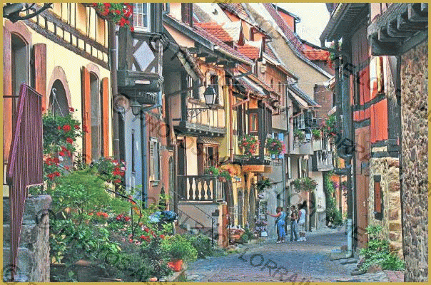 Photo de la rue du Rempart Nord, avec ses belles maisons colorées à pas de bois, dans le village circulaire d