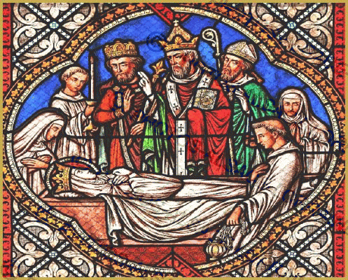 Photo en gros plan du vitrail réalisé en 1868 par Baptiste Petit-Gérard illustrant Sainte-Richarde sur son lit de mort, dans la chapelle Sud de l